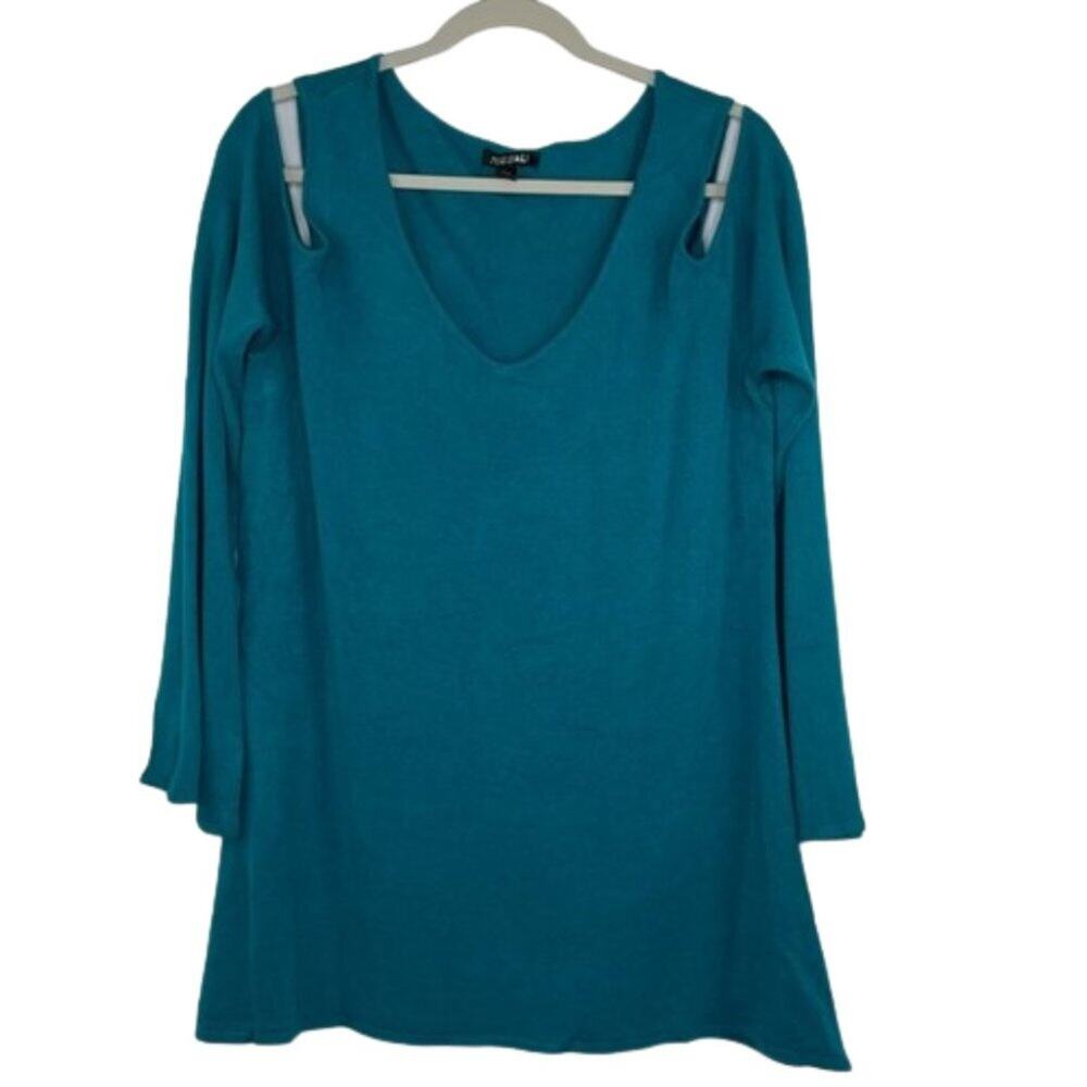 Roz & Ali teal cold shoulder knit tunic top size 1X